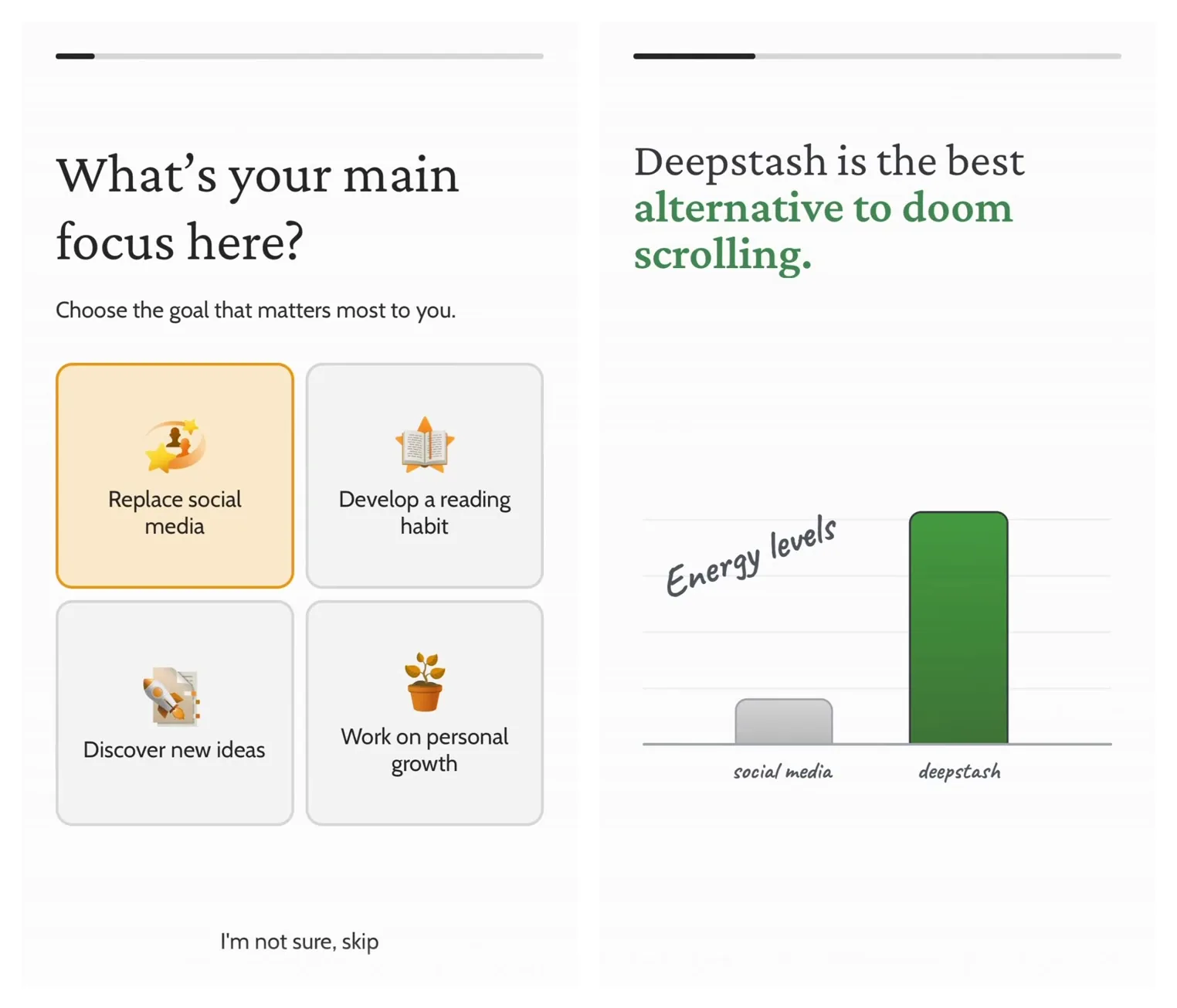 Left: the question about what you most want to do, with replacing social media time selected. Right: a chart comparing how energized people feel after social media versus Deepstash