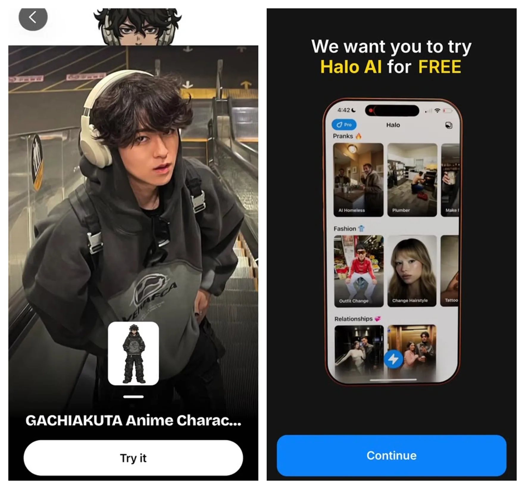 左:テンプレートを選んで「Try it」を押す画面。右:そのあとに出る課金画面